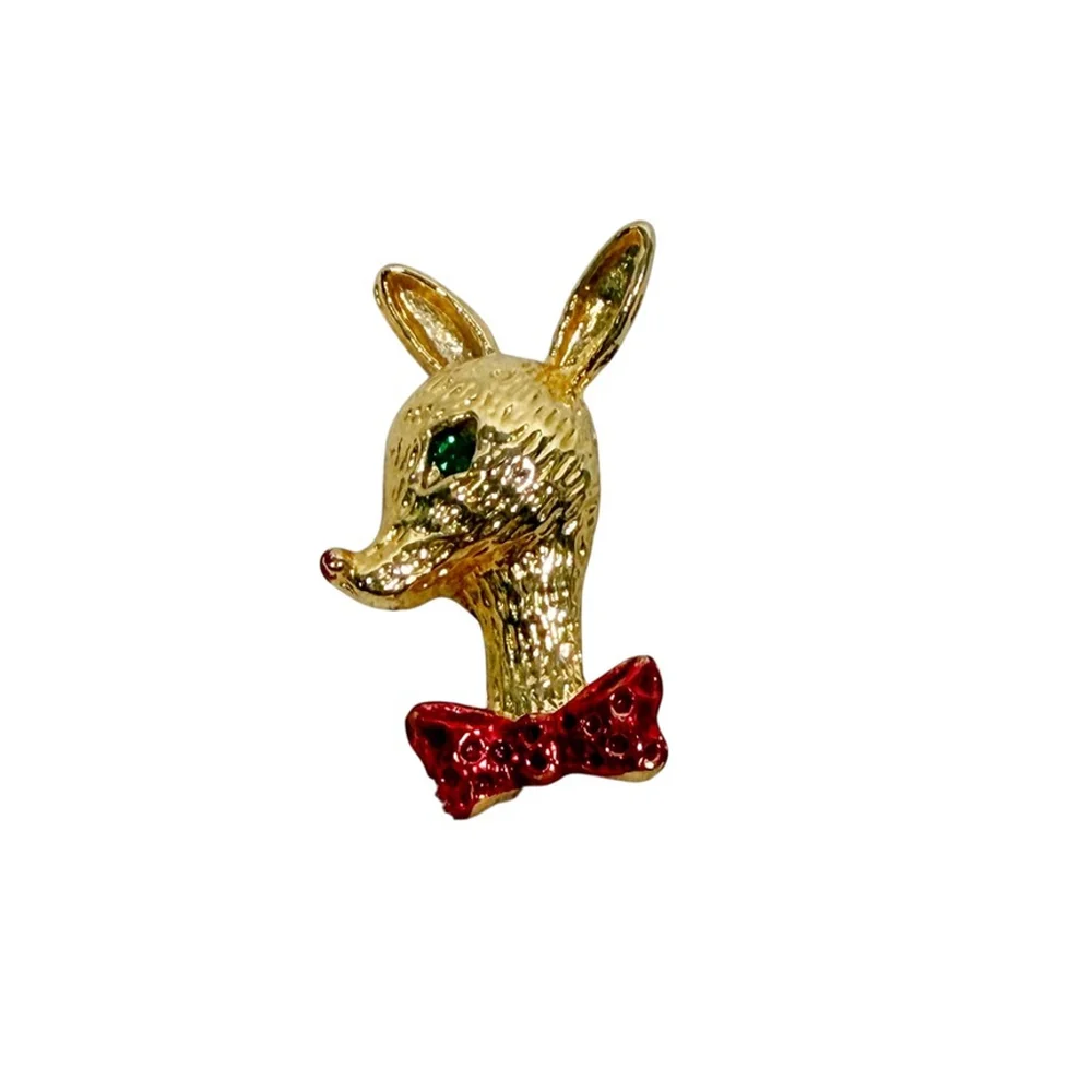 Vintage AAI Rudolph Reindeer Christmas Brooch Pin Gold Tone Red Bow Tie 1.5